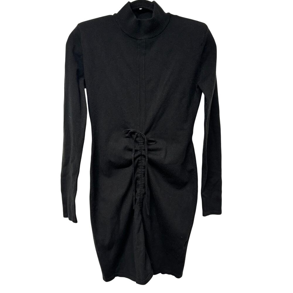 Ronny Kobo Ruched Mini Dress Black Long Sleeve Sweater Mock Neck Size Small
